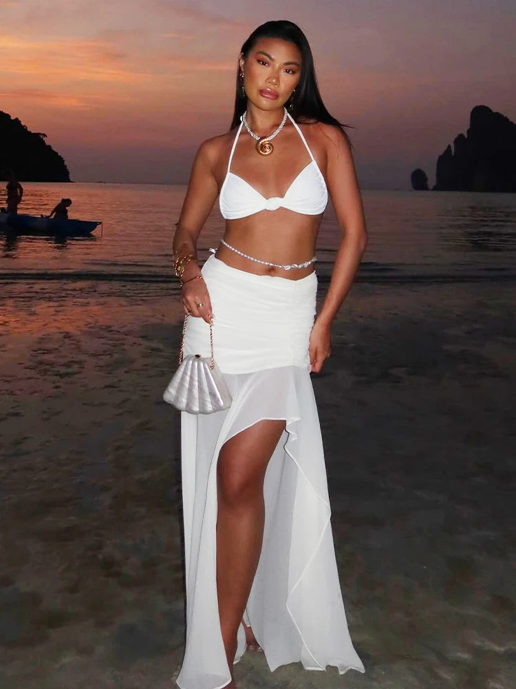 Women Fashion 2 Pcs Sets Halter Solid Lace Up Sexy Crop Camis Draped Slit Maxi Skirt Summer Outfits Beach Vacation Club