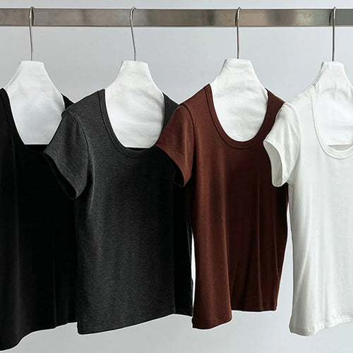 Load image into Gallery viewer, Women Coffee Plain Color Brief Elegant Slim T-shirt New Round Neck Short Sleeve Fashion Tide Spring Summer 2025 1DJ1902
