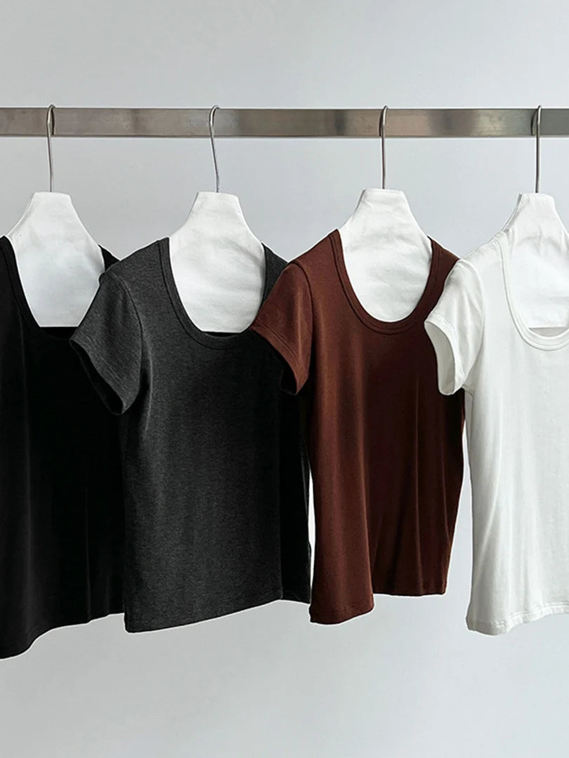 Women Coffee Plain Color Brief Elegant Slim T-shirt New Round Neck Short Sleeve Fashion Tide Spring Summer 2025 1DJ1902