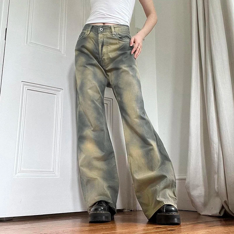 Grunge Gradient Y2K Design Women Jeans Distressed Tie Dye Denim Trousers 2000s Aesthetic Boot Out Pants Vintage Capri