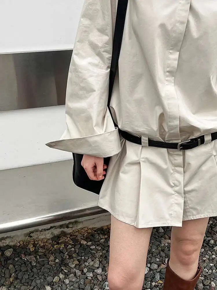 Women White Hem Pleated Elegant Big Size Mini Shirt Dress New Lapel Long Sleeve Fashion Tide Spring Autumn 2025 1DH9552
