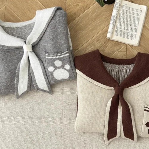 Load image into Gallery viewer, Preppy Style Grunge Kawaii Cute Cat Jacquard Sweaters Women Y2k Aesthetic Casual Loose Jumpers Autumn Contrast Color Pullovers
