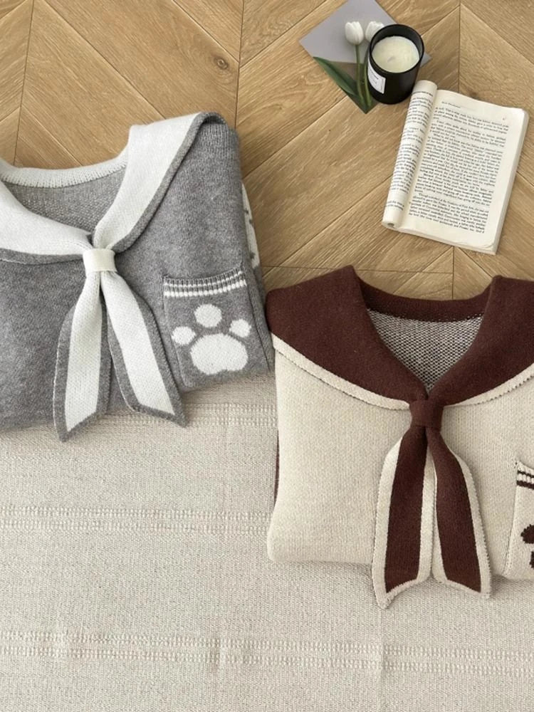 Preppy Style Grunge Kawaii Cute Cat Jacquard Sweaters Women Y2k Aesthetic Casual Loose Jumpers Autumn Contrast Color Pullovers