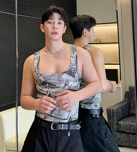 Summer Retro Men's Vest American Style Knitted Denim Pocket Printing Pullover Vests New Stylish Streetwear 9C5989