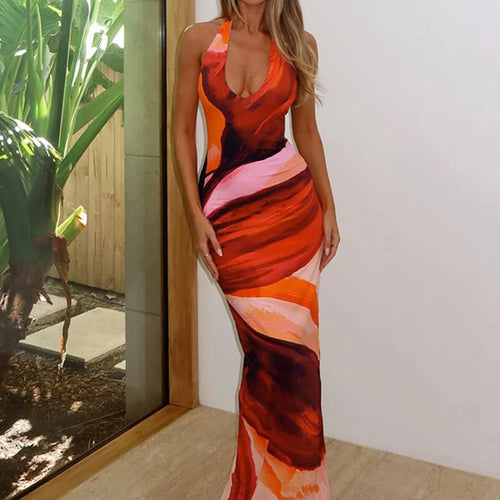 Load image into Gallery viewer, Halter Deep V Neck Print Sexy Maxi Dress For Women Fashion Lace-up Sleeveless Backless Bodycon Printed Long Dress
