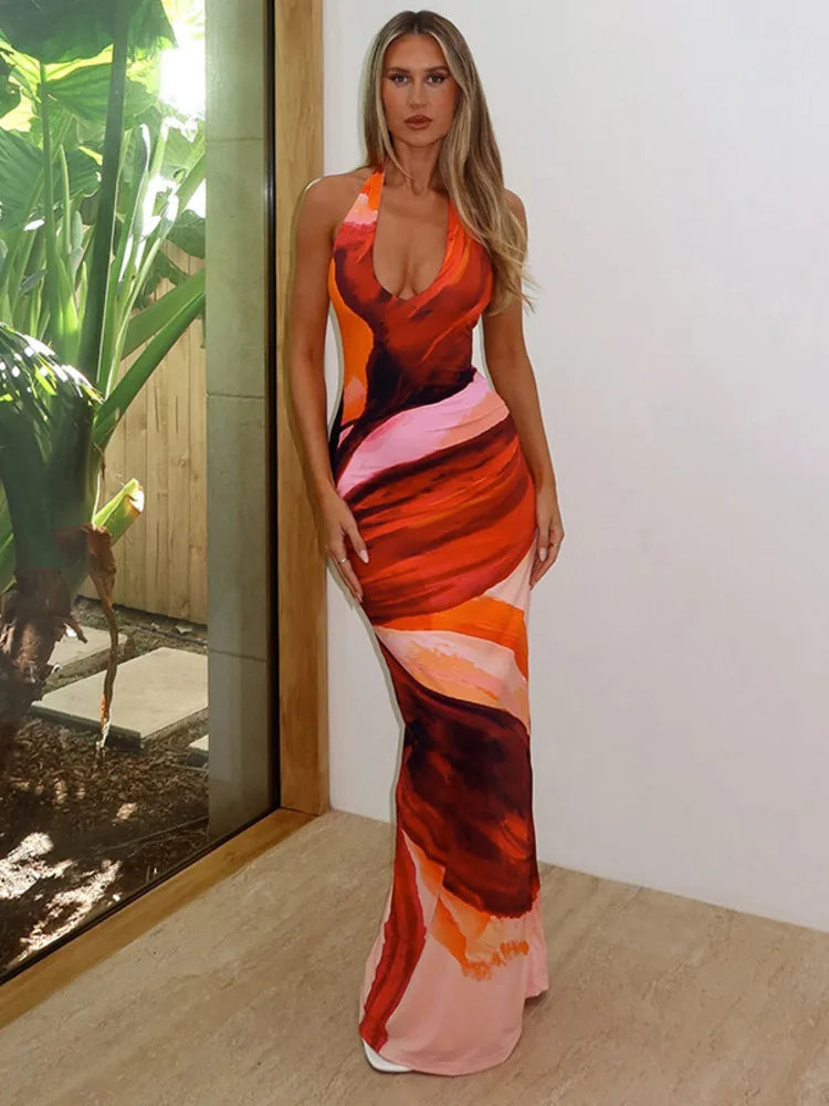 Halter Deep V Neck Print Sexy Maxi Dress For Women Fashion Lace-up Sleeveless Backless Bodycon Printed Long Dress