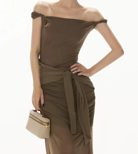 Slimming Sheer Spliced Folds Sexy Long Dresses for Women Slash Neck Off Shoulder Elegant Dress Female Clothing New