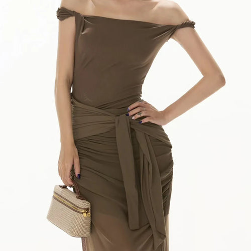 Load image into Gallery viewer, Slimming Sheer Spliced Folds Sexy Long Dresses for Women Slash Neck Off Shoulder Elegant Dress Female Clothing New
