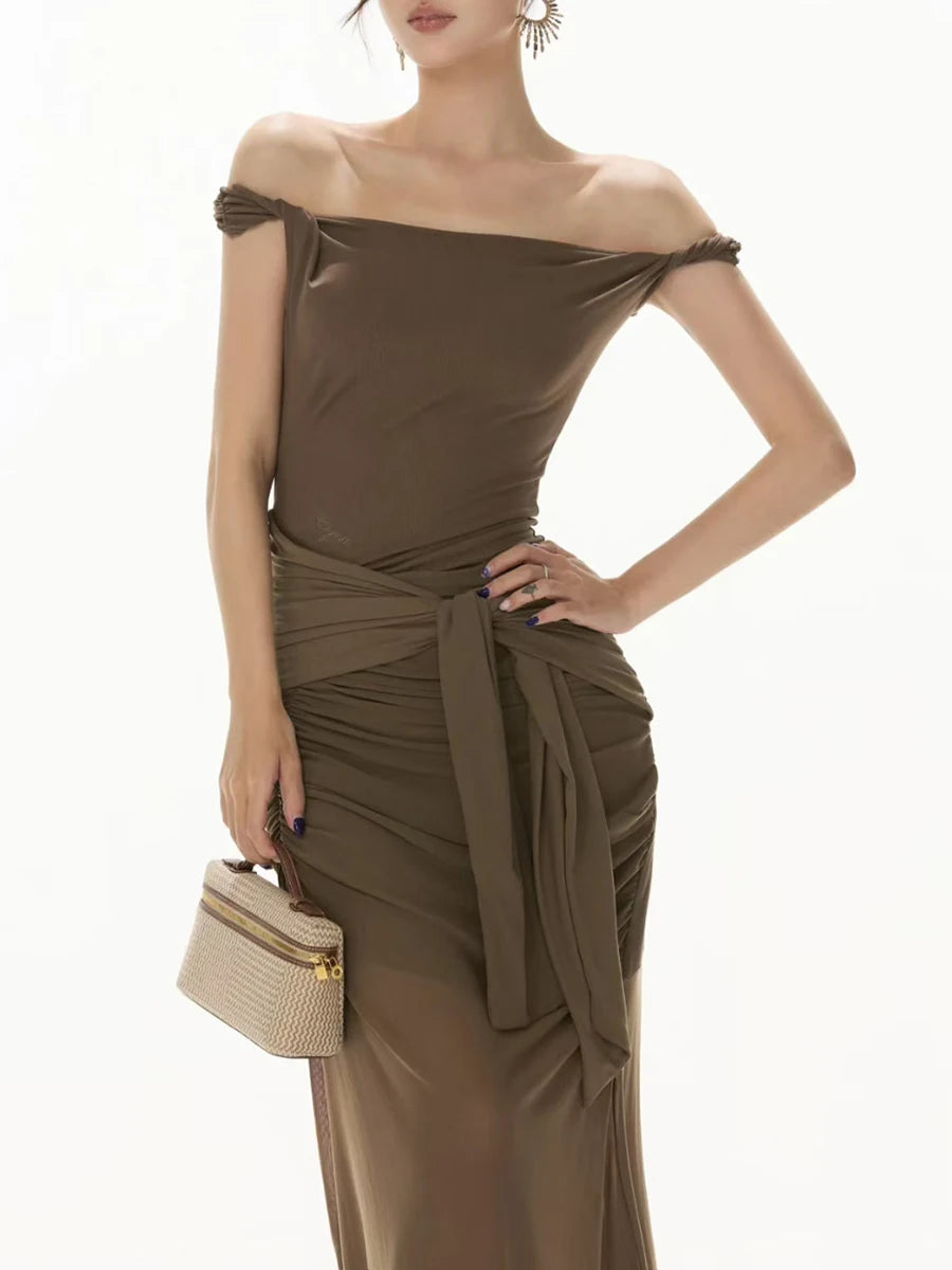 Slimming Sheer Spliced Folds Sexy Long Dresses for Women Slash Neck Off Shoulder Elegant Dress Female Clothing New