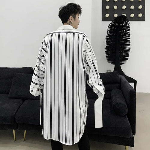 Load image into Gallery viewer, Niche Style Male Shirts Stripe Patchwork Loose Lace-up Casual Tops Lapel Long Sleeve Men&#39;s Clothing Spring Tide 9C6364

