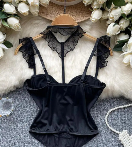 Vintage New Women Black Temperament Sleeveless Ruffles Lace Slip Tops Summer Sexy Club Backless Asymmetrical Vest Clothing Trend