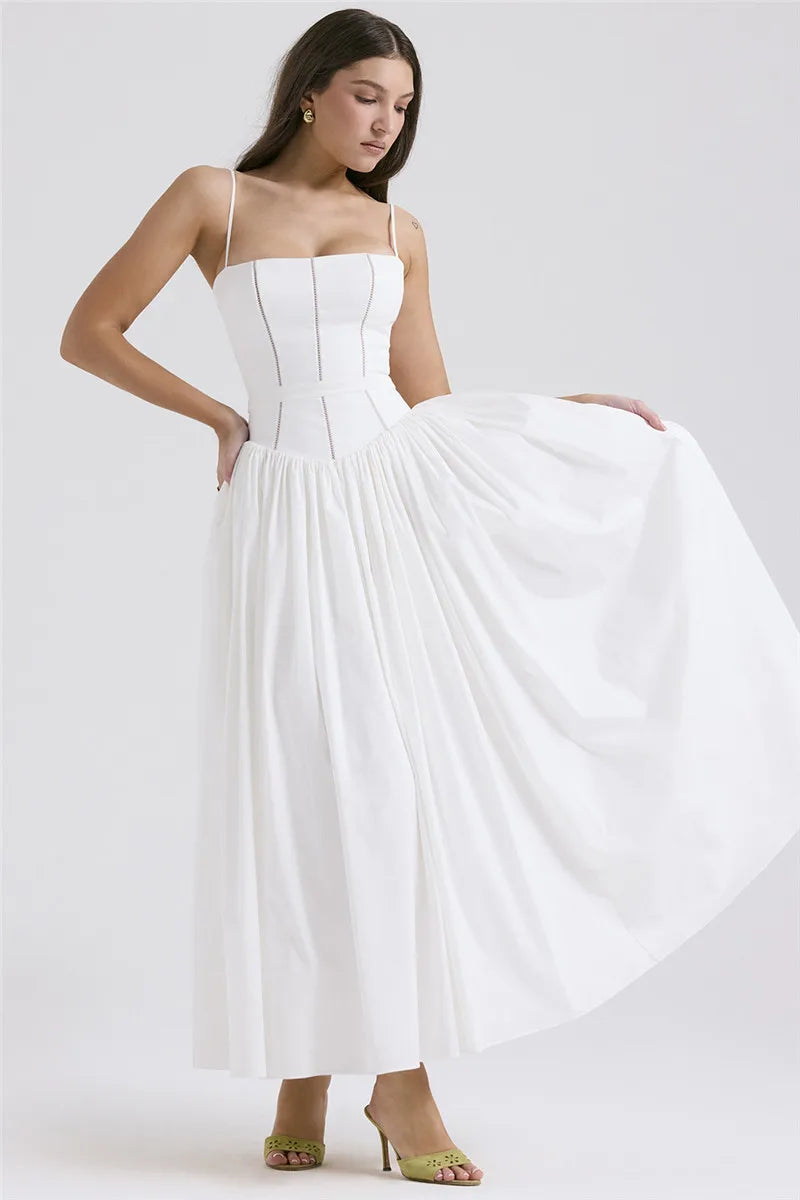 Elegant White Sundress Spaghetti Strap Backless Midi Dress For Women Fashion Sleeveless A-line Loose Long Dress New