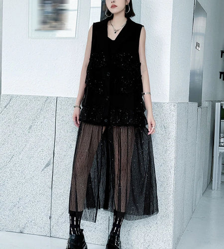 Women Black Singles Breasted Mesh Big Size Midi Vest Dress New Lapel Sleeveless Fashion Tide Spring Autumn 2025 1DJ1041