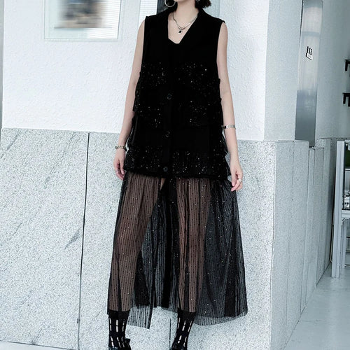 Load image into Gallery viewer, Women Black Singles Breasted Mesh Big Size Midi Vest Dress New Lapel Sleeveless Fashion Tide Spring Autumn 2025 1DJ1041
