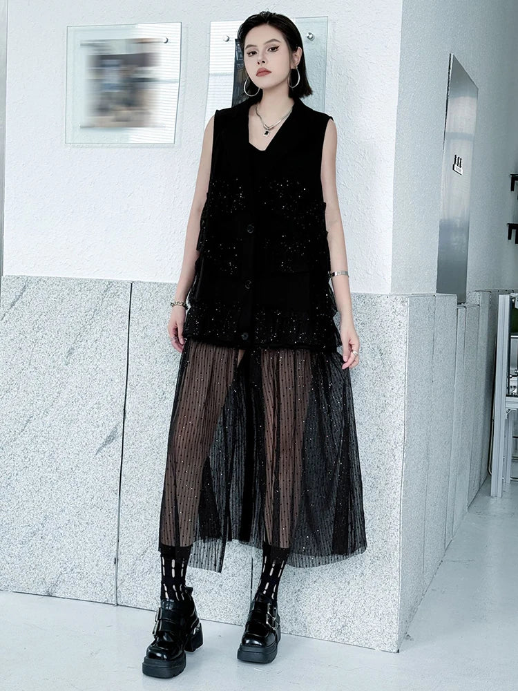 Women Black Singles Breasted Mesh Big Size Midi Vest Dress New Lapel Sleeveless Fashion Tide Spring Autumn 2025 1DJ1041