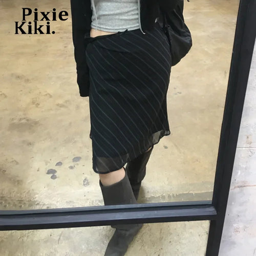 Load image into Gallery viewer, Striped Print Double Layer Mesh Y2k Skirts for Woman 2023 Harajuku Fashion Midi Skirt 90s Vintage Clothes P67-CF10
