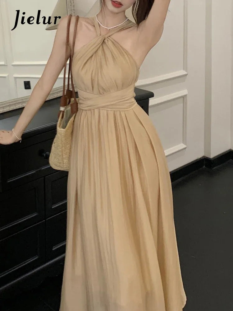 Khaki Halter Slim Waist Women's Dresses French Style Elegant Solid Color Pleated Fashion Female Dress Summer High Street