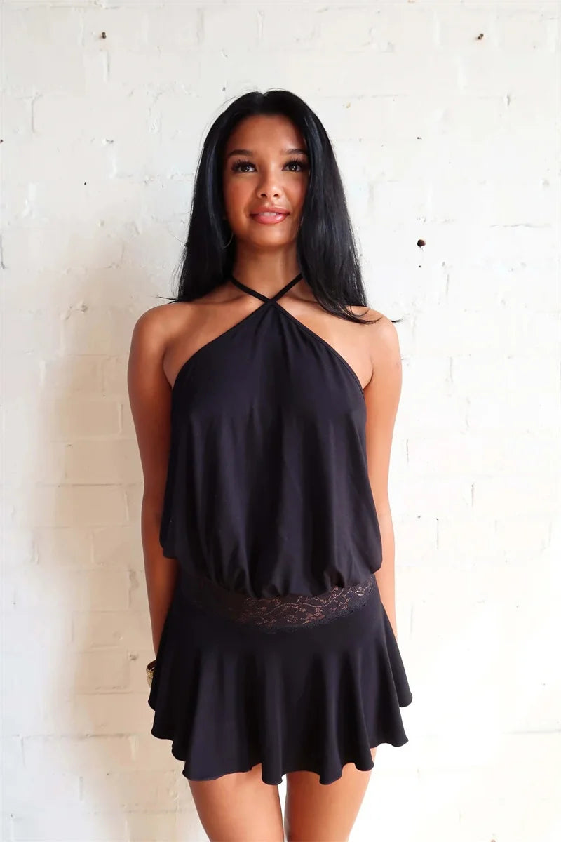 Halter Backless Sexy Mini Dress Women Robe Fashion Summer New Lace Patchwork Sleeveless Pleated Ruffled Club Dress