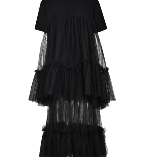 Women Black Layers Mesh Long Big Size Dress New Round Neck Short Sleeve Loose Fit Fashion Tide Spring Summer 2025 16R3054