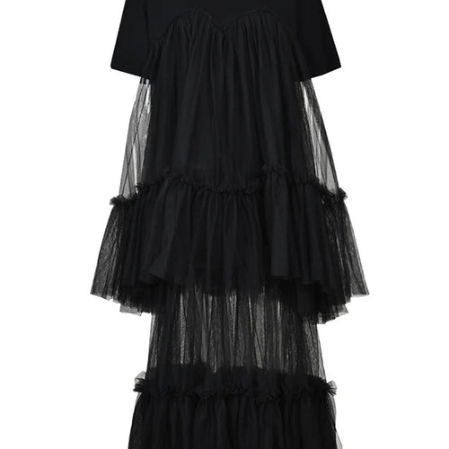 Load image into Gallery viewer, Women Black Layers Mesh Long Big Size Dress New Round Neck Short Sleeve Loose Fit Fashion Tide Spring Summer 2025 16R3054
