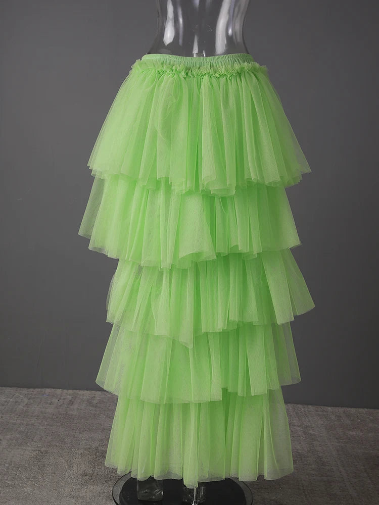 High Elastic Waist Green Mesh Layers Irregular Cake Half-body Skirt Women Fashion Tide New Spring Autumn 2025 CPG3074