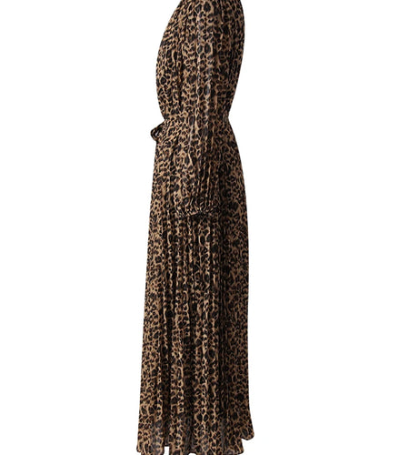 Women Brown Leopard Printed Rhinestones Long Dress New Round Neck Long Sleeve Fashion Tide Spring Autumn 2025 3WM2692