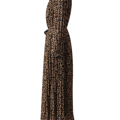 Load image into Gallery viewer, Women Brown Leopard Printed Rhinestones Long Dress New Round Neck Long Sleeve Fashion Tide Spring Autumn 2025 3WM2692
