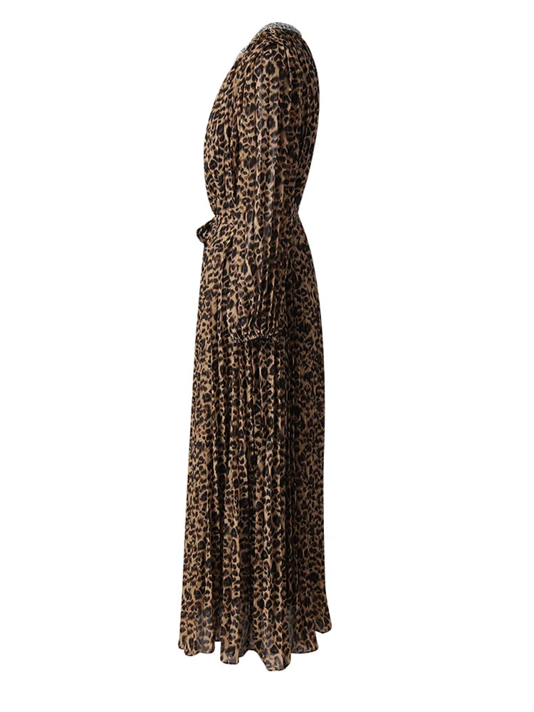 Women Brown Leopard Printed Rhinestones Long Dress New Round Neck Long Sleeve Fashion Tide Spring Autumn 2025 3WM2692