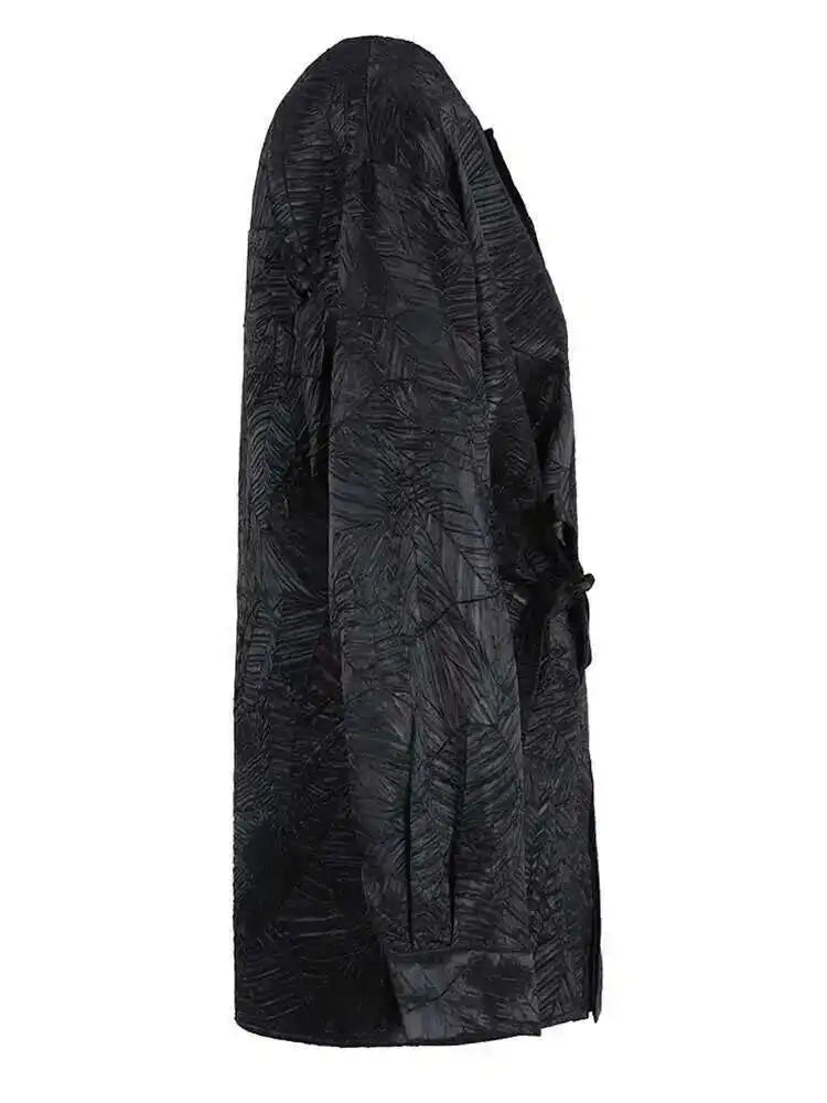 Women Black Pleated Bandage Big Size Blouse New Round Neck Long Sleeve Shirt Fashion Tide Spring Autumn 2025 CPG1142