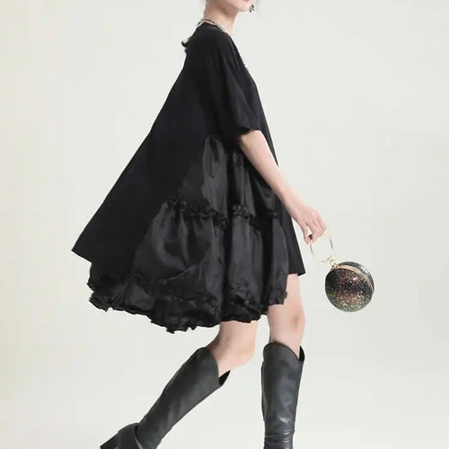 Load image into Gallery viewer, Women Black Ruffles Irregular Big Size Mini Dress New Round Neck Short Sleeve Fashion Tide Spring Summer 2025 1DH9574
