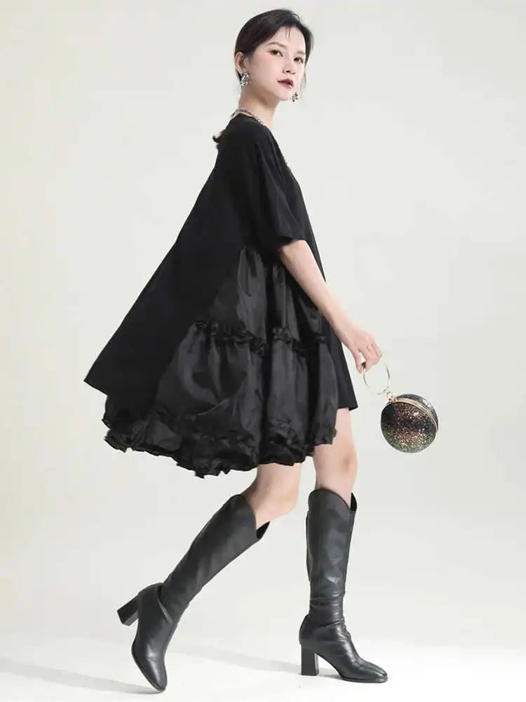 Women Black Ruffles Irregular Big Size Mini Dress New Round Neck Short Sleeve Fashion Tide Spring Summer 2025 1DH9574