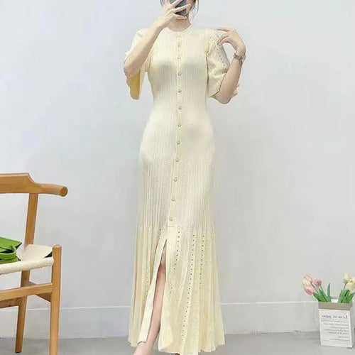 Load image into Gallery viewer, French Fashion Women Black Patchwork Single Breasted Elegant Knit Dress Autumn Beige Green Long Sleeve Slim Split Dresses Ladies
