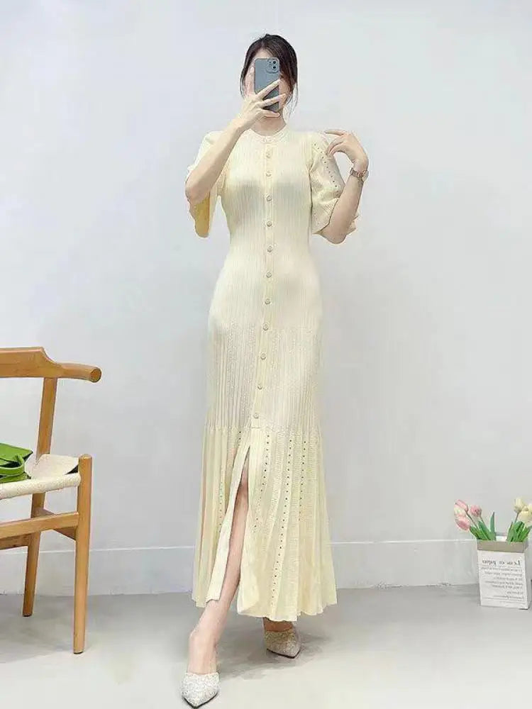 French Fashion Women Black Patchwork Single Breasted Elegant Knit Dress Autumn Beige Green Long Sleeve Slim Split Dresses Ladies