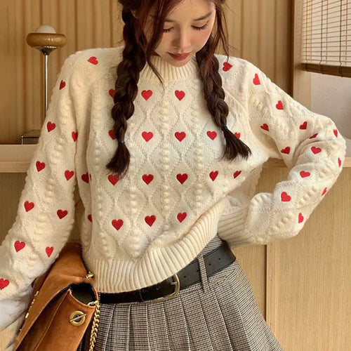 Load image into Gallery viewer, Women Fashion Heart Love Embroidery Knitted Pullover Sweater Vintage Long Sleeves O-Neck Female Chic Lady Tops C-153
