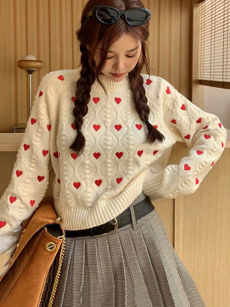 Women Fashion Heart Love Embroidery Knitted Pullover Sweater Vintage Long Sleeves O-Neck Female Chic Lady Tops C-153