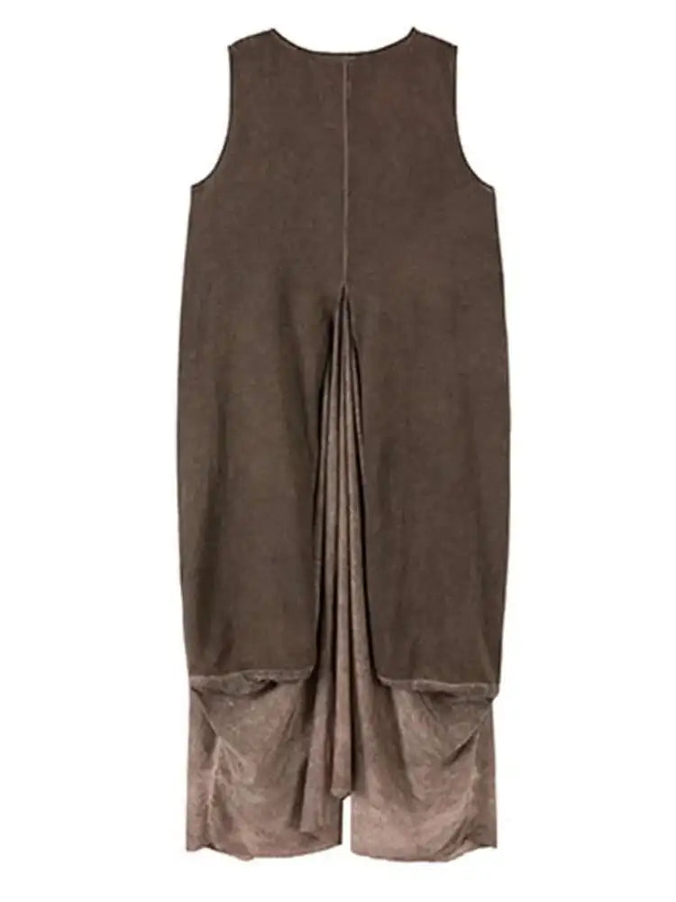 Women Orange Pleated Vintage Casual Dress New Round Neck Sleeveless Loose Fit Fashion Tide Spring Summer 2025 1DF6825