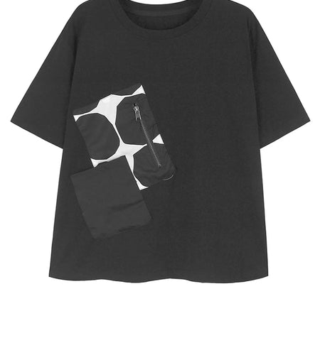 Women Black Dot Printed Spliced Big Size Casual T-shirt New Round Neck Short Sleeve Fashion Spring Summer 2025 1DH9969