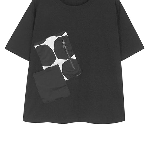 Load image into Gallery viewer, Women Black Dot Printed Spliced Big Size Casual T-shirt New Round Neck Short Sleeve Fashion Spring Summer 2025 1DH9969
