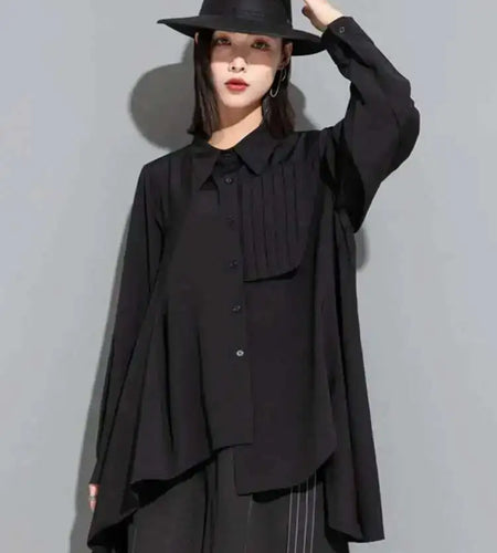 Women Black Irregular Pleated Big Size Blouse New Lapel Long Sleeve Loose Fit Shirt Fashion Spring Autumn 2025 1DF6525