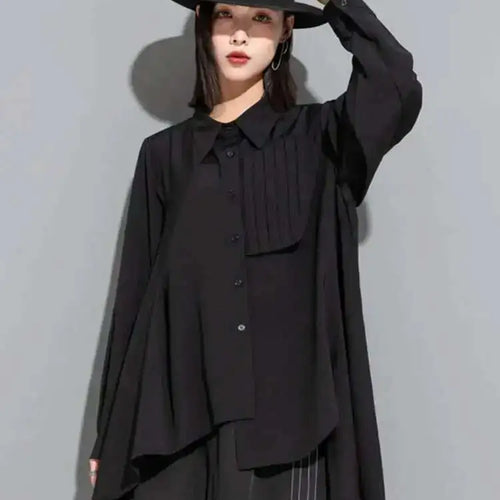 Load image into Gallery viewer, Women Black Irregular Pleated Big Size Blouse New Lapel Long Sleeve Loose Fit Shirt Fashion Spring Autumn 2025 1DF6525

