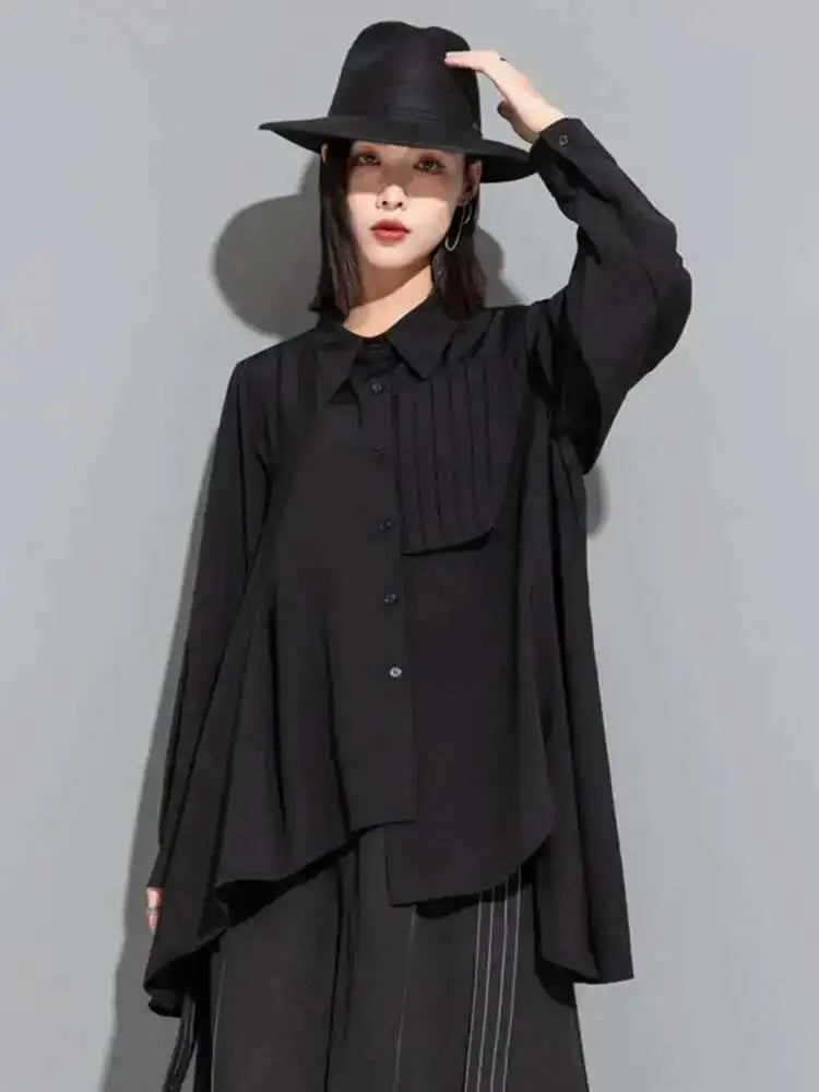 Women Black Irregular Pleated Big Size Blouse New Lapel Long Sleeve Loose Fit Shirt Fashion Spring Autumn 2025 1DF6525