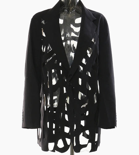 Women Black Hollow Out Burr Irregular Blazer New Lapel Long Sleeve Loose Fit Jacket Fashion Spring Autumn 2025 17A6685