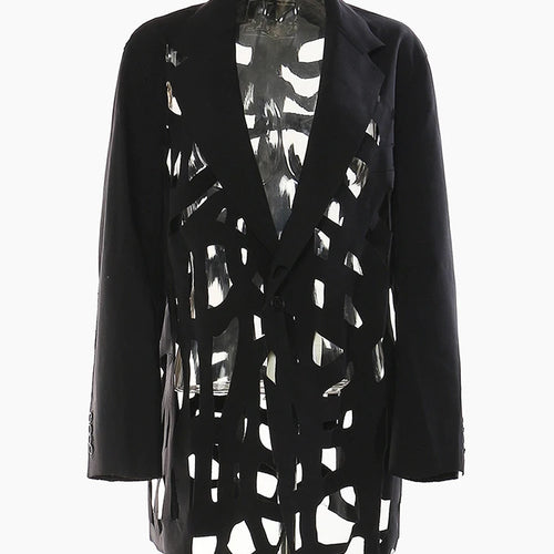 Load image into Gallery viewer, Women Black Hollow Out Burr Irregular Blazer New Lapel Long Sleeve Loose Fit Jacket Fashion Spring Autumn 2025 17A6685
