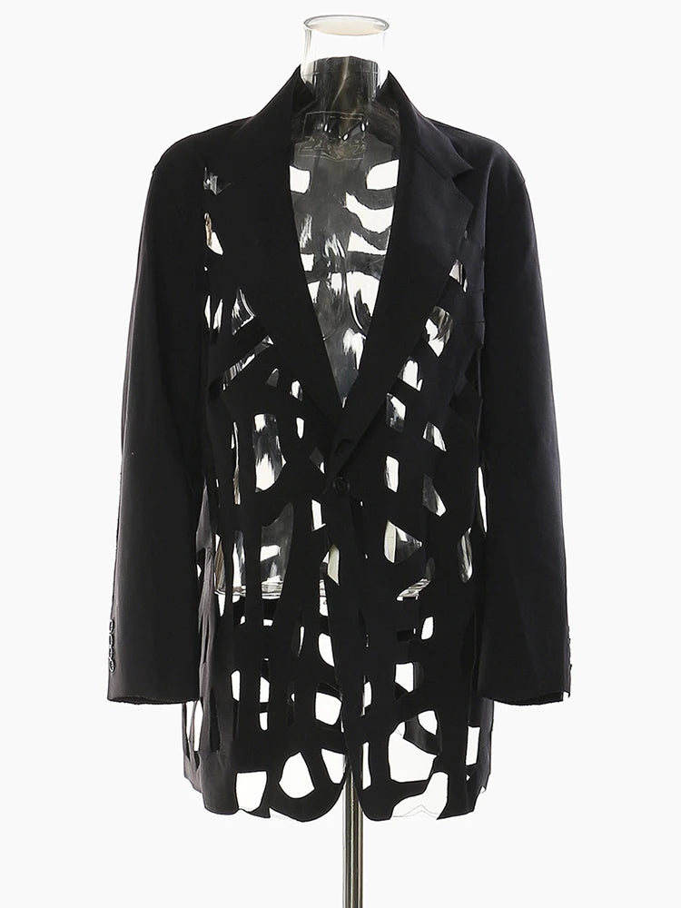 Women Black Hollow Out Burr Irregular Blazer New Lapel Long Sleeve Loose Fit Jacket Fashion Spring Autumn 2025 17A6685