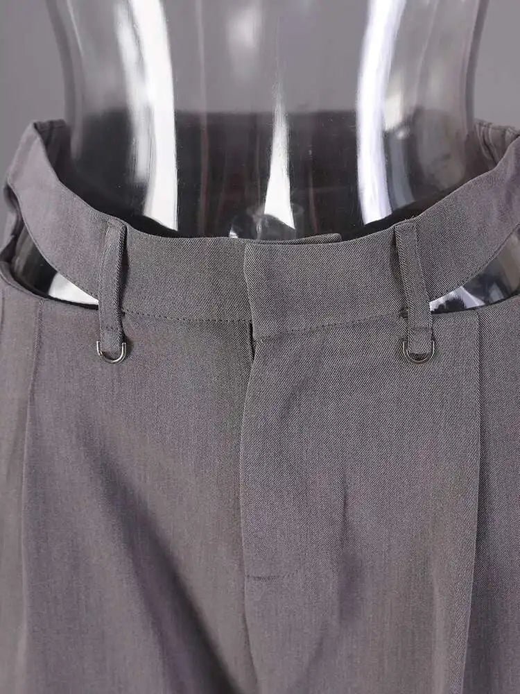 High Waist Gray Hollow Out Zipper Wide Leg Pants New Loose Fit Trousers Women Fashion Tide Spring Autumn 2025 1DF6568