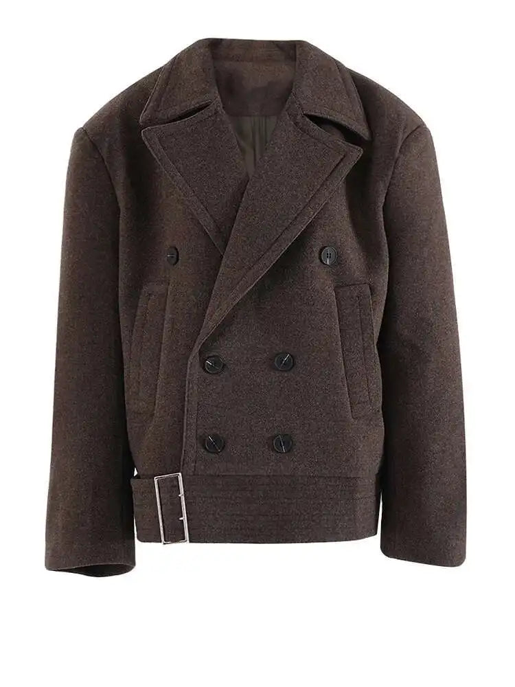 Brown Thick Big Size Double Breasted Woolen Coat New Lapel Long Sleeve Women Jacket Fashion Autumn Winter 2025 CPG2458