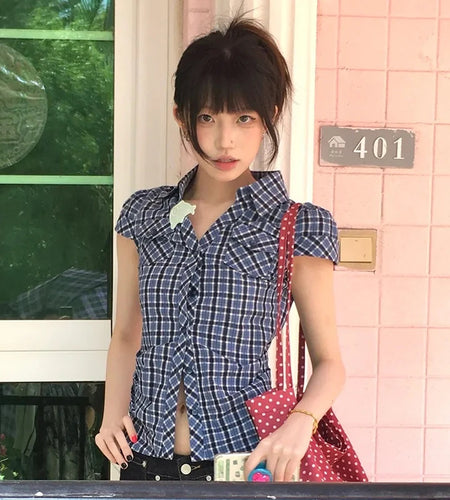 Japanese Y2k Plaid Shirt Vintage Harajuku V-neck Blouses Korean Fashion Women Short Sleeve Shirts 2000s American Retro