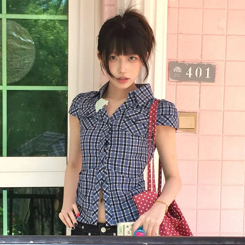 Japanese Y2k Plaid Shirt Vintage Harajuku V-neck Blouses Korean Fashion Women Short Sleeve Shirts 2000s American Retro