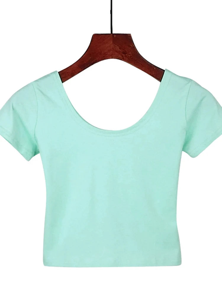 Solid Crop Top for Women Slim Fit High Waist Short Sleeve T-shirt Basic Summer Casual Tee