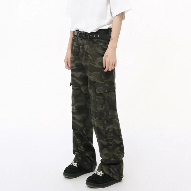 American Syle Men's Denim Pants Camouflage Big Pockets Vasual Washing Trousers Straight Wide Leg Loose Male Jeans 9C7508